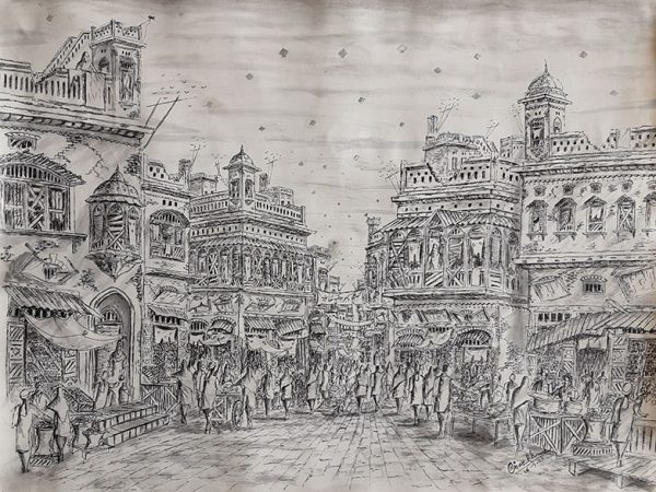 Pen & Ink Cityscape Painting 4542